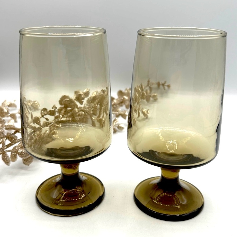 2 Libbey Tawny Smokey Deep Glasses. MCM pattern.